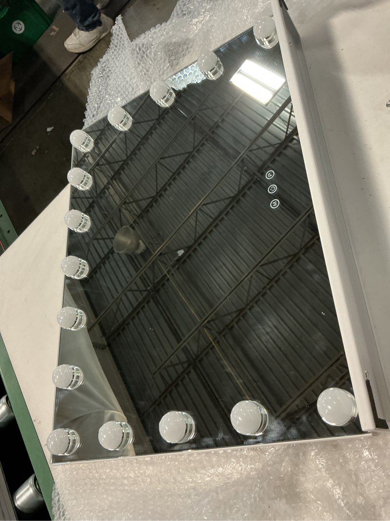 Condition photo showing As Is for Moonee Vanity Mirror with Lights, Hollywood Lighted Makeup Mirror with 15 Dimmable Bulbs and 10X Magnification, 3 Colors Modes, Light Up Mirror, Perfect Valentine's Day Gift for Her?23" x 18"? White 23"L x 18"W