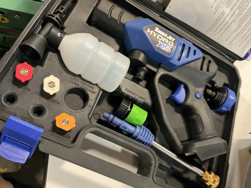 Condition photo showing As Is for ontel turbo jet hydrox5 pro portable cordless pressure washer (21v 3000mah battery), 6-in-1 nozzle, dual water source, 16ft detachable hose