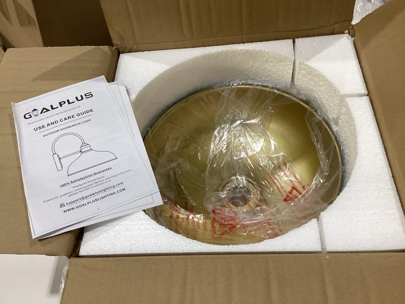 Condition photo showing New/Like New for 12" Outdoor Gooseneck Barn Light for Patio, Large Farmhouse Wall Mount Lights for Garage, Black Exterior Barn Porch Light Fixture with Brass Interior, Outside Wall Sconce for House Matte Black 12" Dome
