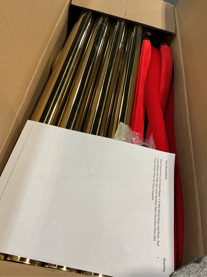 Condition photo showing Good Condition for 4Pack Stanchions and Velvet Ropes, 5 ft Red Velvet Rope and Poles, Red Carpet Ropes and Poles Set, Gold Stainless Steel Stanchion Posts Red Carpet Runner Poles for Party Supplies 4 Pack Gold Color