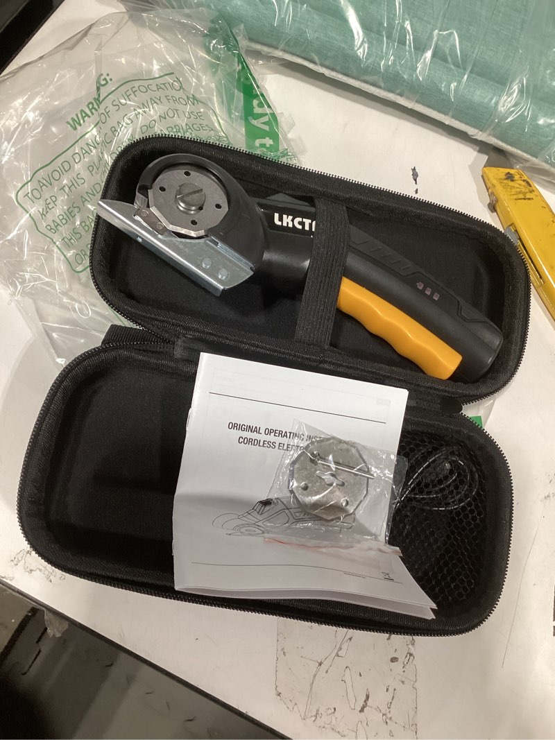 Condition photo showing Good Condition for Cordless Electric Scissors Cardboard Cutter: DEKOPRO 4V 2000mAh Electric Box Cutter, Rechargeable Power Rotary Cutting Tool with Safety Lock, 389g Carpet Scissors with 2 Blade, Type-c(Yellow)