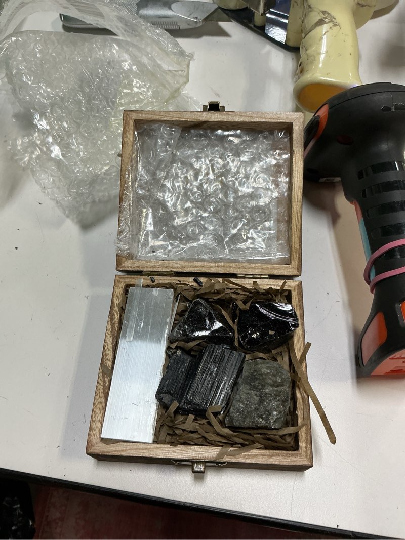 Condition photo showing Good Condition for Anima Premium Protection Healing Crystals Set for Energy Shielding - Large Raw Obsidian, Black Tourmaline, Labradorite, Smoky Quartz & Selenite Bar - Wooden Gift Box and Guide Booklet Included Protection Crystal Set