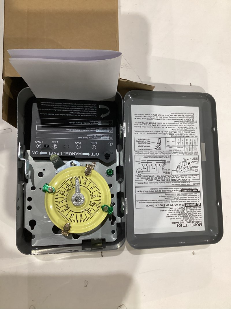 Condition photo showing New/Like New for t104 electromechanical timer switch for lights, fans, hvac, 208-277 vac 40a dpst, 5hp, 12 on/off cycles, tripper included – heavy duty pool timer