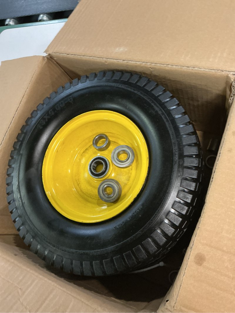 Condition photo showing Good Condition for ar-pro (2 pack) 13x5.00-6 flat free front tire and wheel assembly, solid riding lawn mower wheels, 3"-6" offset hub (adjustable), 3/4"&5/8"&1/2" bearing, 400 lb load 13 x 5.00-6" flat-free (offset hub) yellow