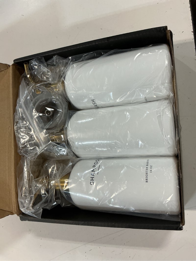 Condition photo showing New/Like New for luxury shampoo and conditioner dispenser set wall mounted by brighter barns - refillable shampoo and conditioner bottles - shower dispenser 3 chamber no drill - white and gold bathroom decor (gold) modern (gold)