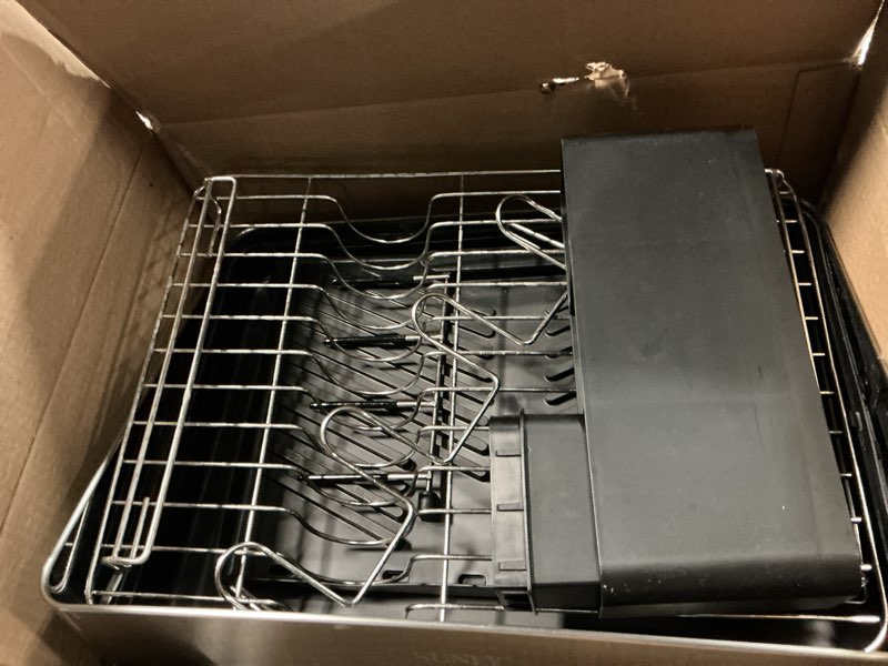 Condition photo showing As Is for SUNLY Large Dish Drying Rack, Expandable Dish Racks for Kitchen Counter, Space Saving 304 Stainless Steel Drying Rack Kitchen, Extra Large Drainer with Multifunctional Flip Up Pegs, Black Black + Silver