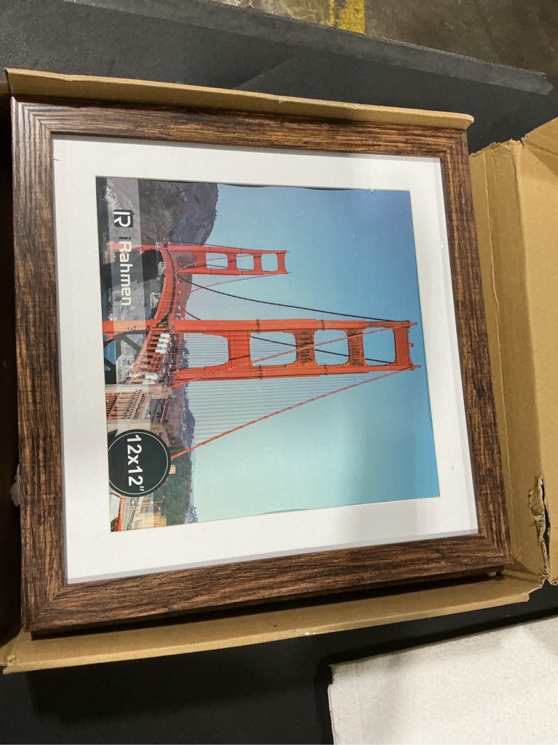Condition photo showing Good Condition for iRahmen 12x12 Picture Frame Set of 4 with Tempered Glass, Rustic Frame Display 10x10 Pictures with Mat or 12 x 12 Without Mat, Wood Square Photo Frames for Desktop Display and Wall Mounting Brown 12X12