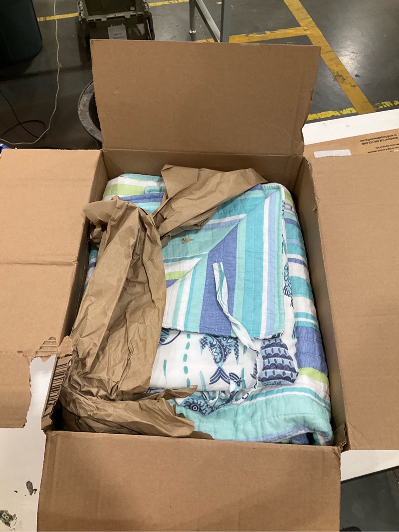 Condition photo showing As Is for incomplete, levtex home - laida beach quilt set -twin quilt + one standard pillow sham - coastal stripe - green, blue, white - quilt size (68x86in.) and pillow sham size (26x20in.) - reversible - cotton