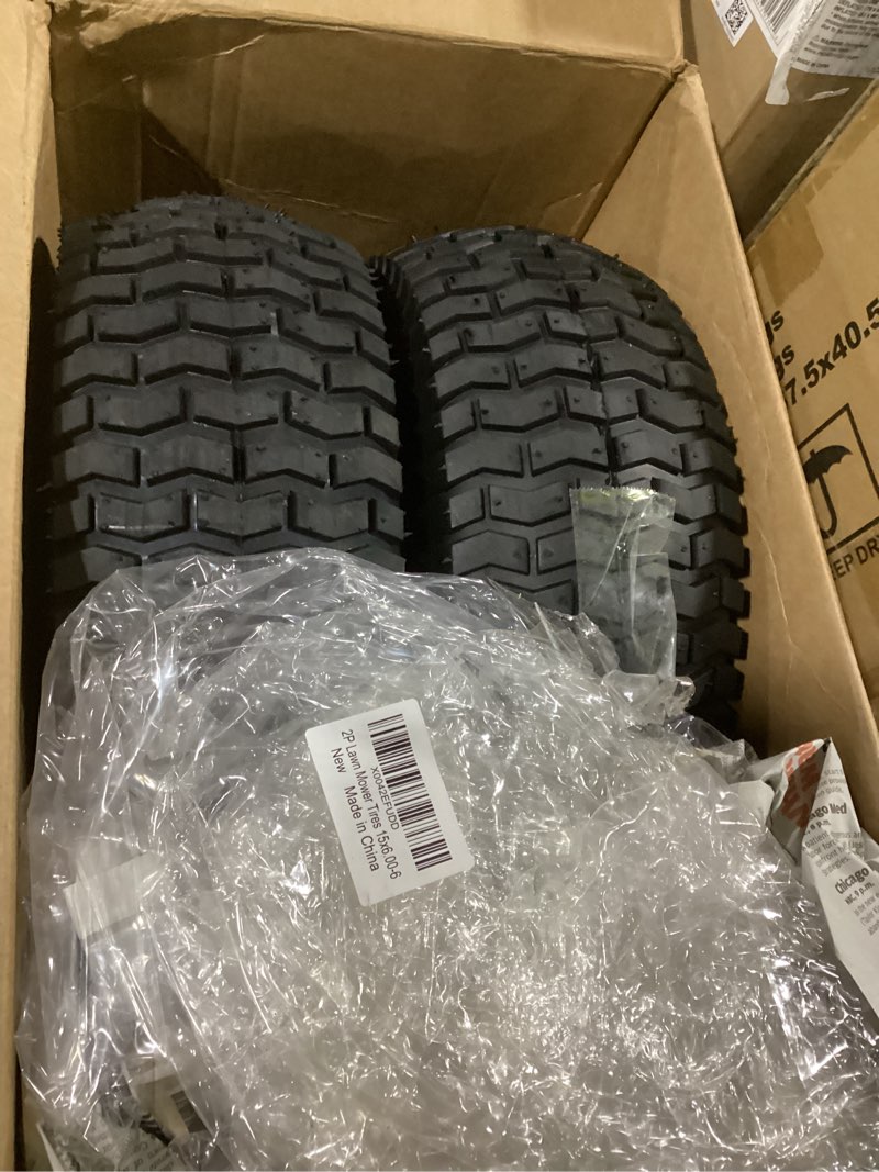 Condition photo showing Good Condition for 15x6.00-6nhs lawn mower front tire 4 ply 15x6x6 lawn mower 570 lbs tire and wheel with 3/4" iron bushing and 12 spacers, replacement for garden lawn tractor riding lawn mowers, 2 pack 15x6.00-6 - 2p ( with tube) silver