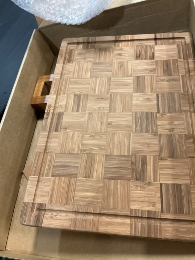 Condition photo showing Good Condition for 3 pack heavy duty bamboo cutting board set non toxic wooden cutting board for kitchen non slip solid end grain thick wood juice groove chopping board extra large butcher block best house warming gift multiple sizes (set of 3)