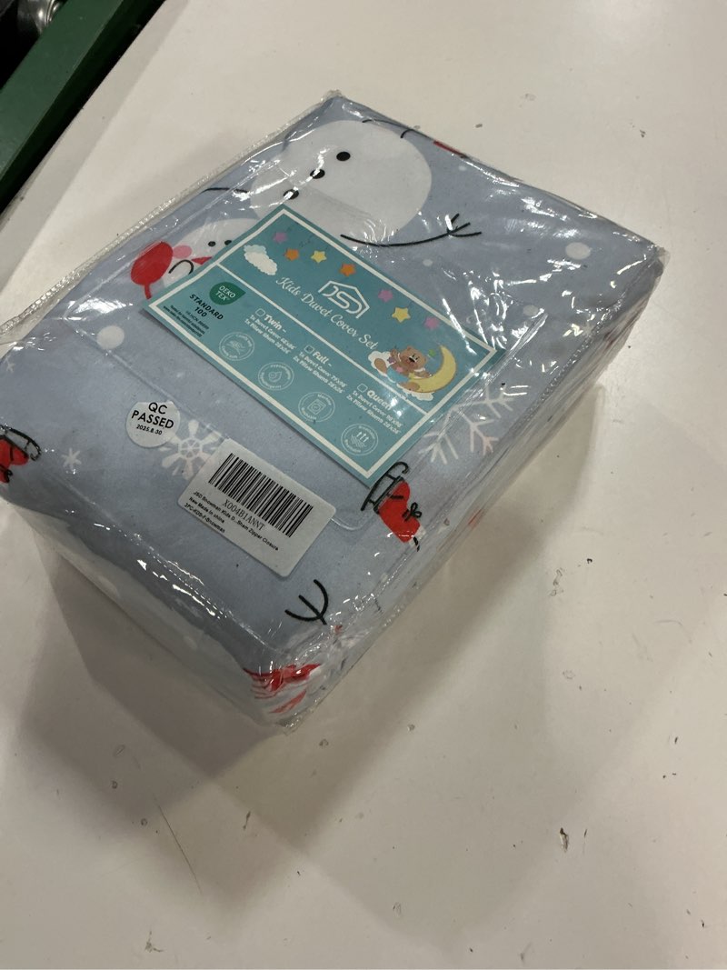 Condition photo showing New/Like New for jsd blue snowman kids duvet cover set full size, 3 piece printed microfiber comforter cover with pillow shams zipper closure, comforter not included snowman full