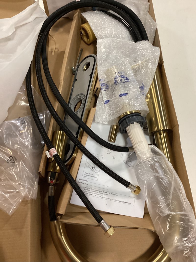 Condition photo showing As Is for allen + roth harlow simplefit brushed gold single handle deck-mount pull-down kitchen faucet with sprayer (includes deck plate) (includes soap dispenser)