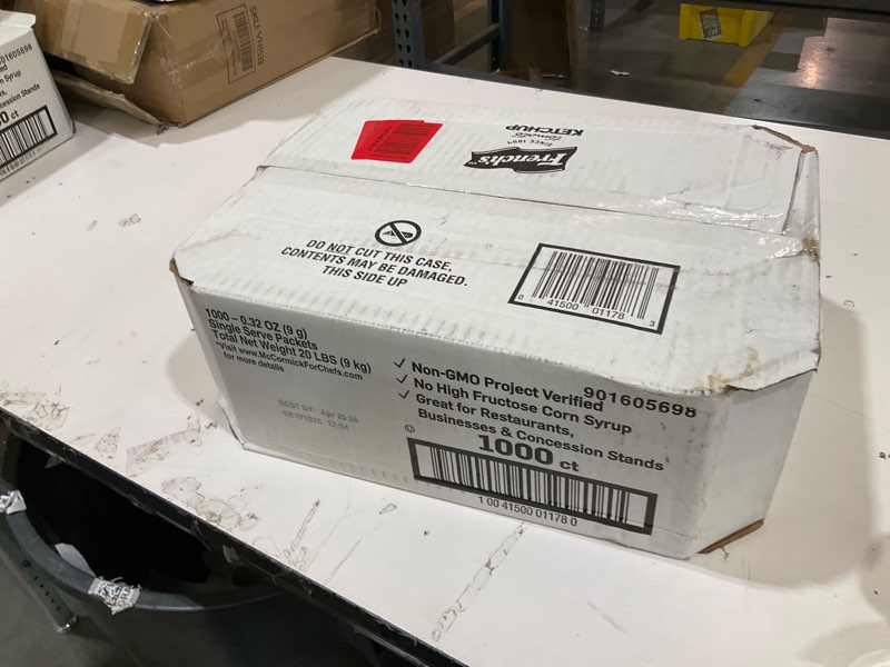 Condition photo showing As Is for french's tomato ketchup packets, 1000 count - one box of 1000 individual ketchup packets, perfect for takeout orders and condiment stations tomato ketchup 1000 count (pack of 1) best by apr 25 2026