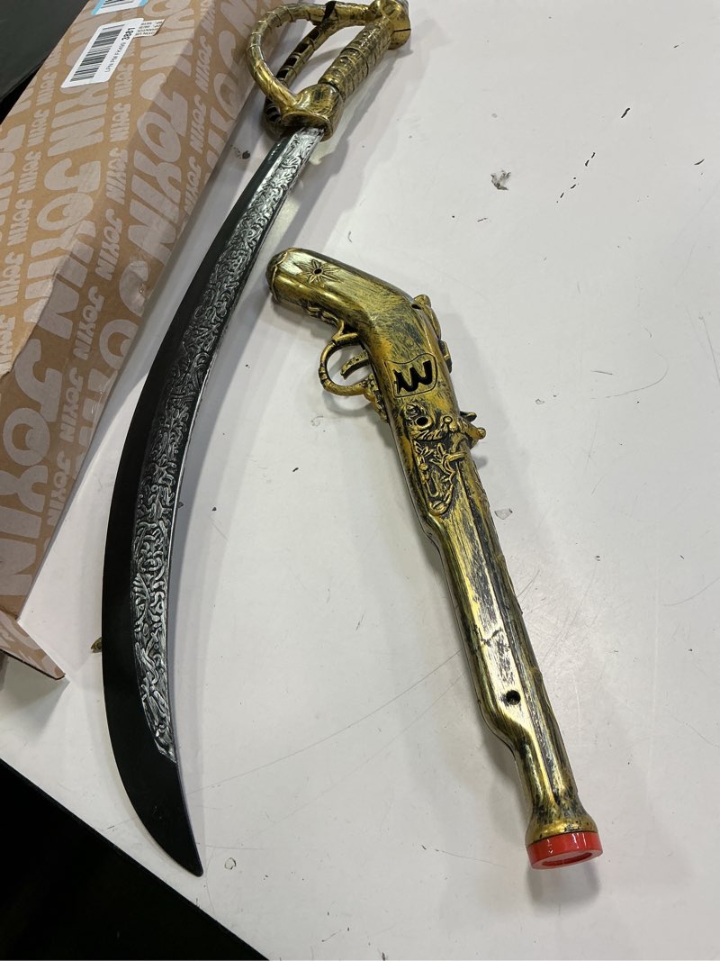 Condition photo showing As Is for JOYIN 28 Inches Pirate Sword and 16 Inches Pirate Pistol Set,Halloween Party Costume Accessories