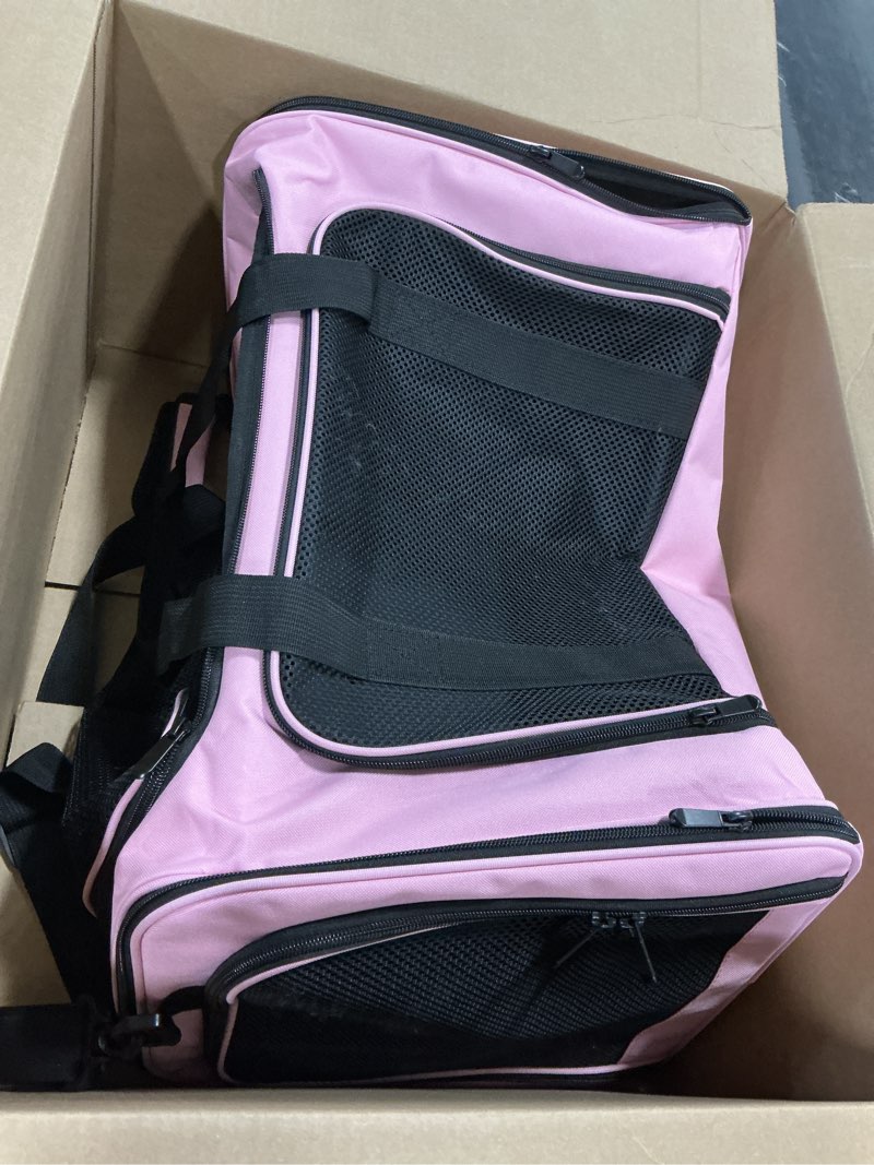 Condition photo showing As Is for Henkelion Pet Carrier for Small Medium Cats Dogs Puppies up to 15 Lbs, TSA Airline Approved, Soft Sided, Collapsible Travel - Pink 17.0"L x 11.0"W x 11.0"H Pink