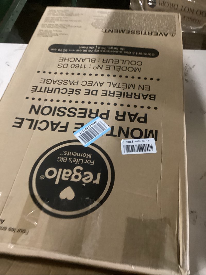 Condition photo showing Good Condition for regalo safety 38" baby gate for doorways & bottom of stairs, pressure mount design for babies, toddlers & pets, tested & safe for 30 years, american designed, american owned, white white 29-38.5"w x 30"h
