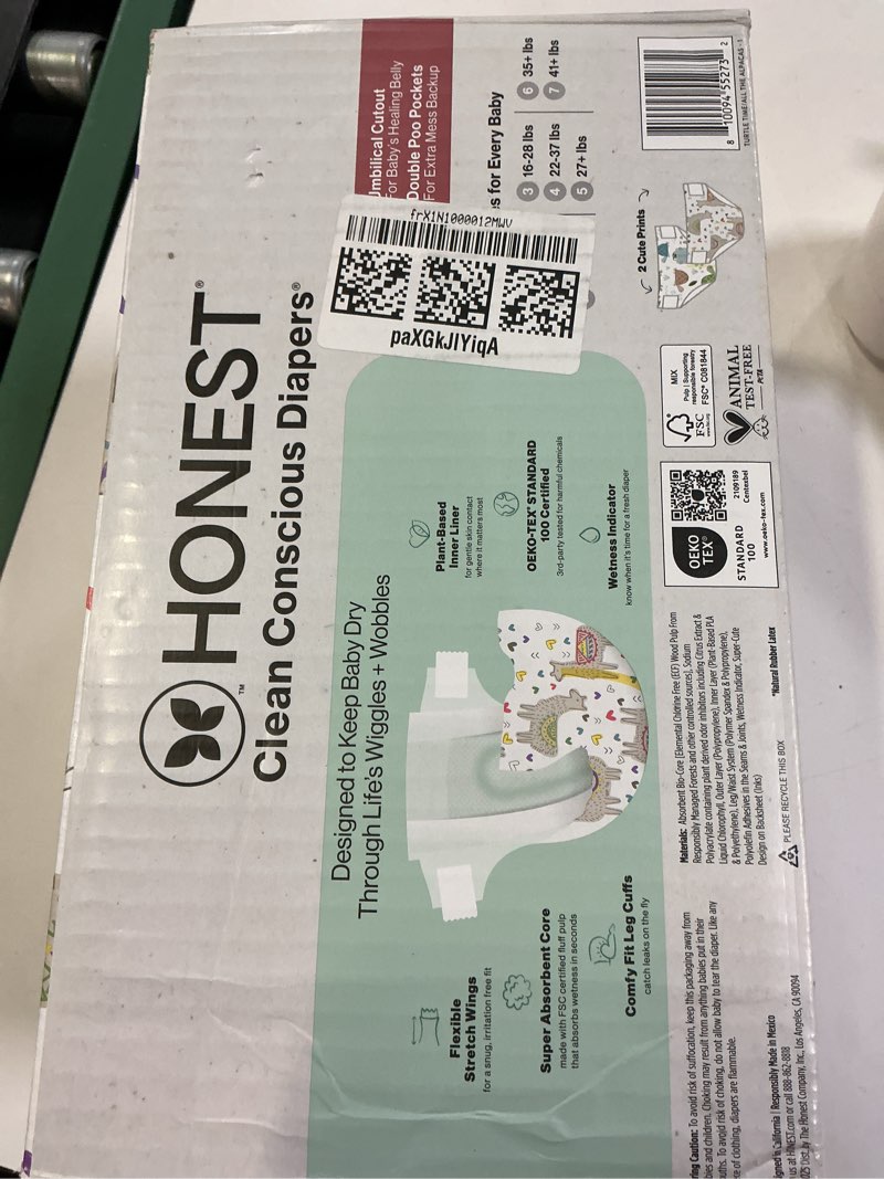 Condition photo showing New/Like New for the honest company comfort dry disposable daytime diapers for sensitive skin, hypoallergenic, all the alpacas + turtle time, club box size 1 (8-14 lbs) 78 count size 1 (78 count) all the alpacas + turtle time