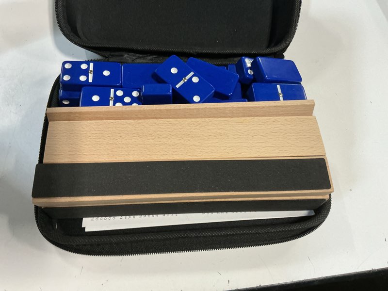Condition photo showing As Is for Dominoes Set for Adults with 4 Wooden Racks/Trays, Double Six Travel Portable Case 6 Tiles Holders, 28 Dominos Family Board Games - Blue