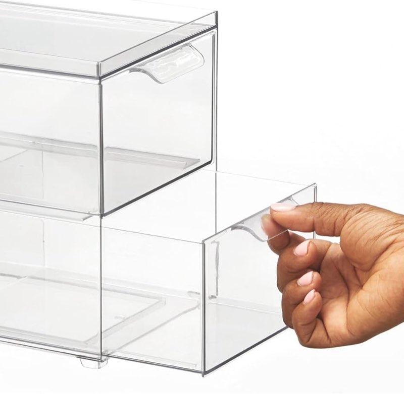 mdesign stackable storage containers box with 2 pull-out drawers - stacking plastic drawer bins for closet organization, linen, coat, bedroom or entryway closets - lumiere collection - 2 pack - clear