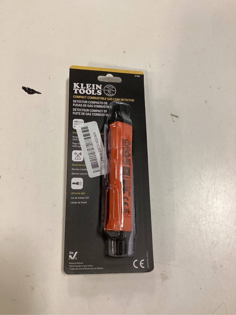 Condition photo showing New/Like New for klein tools et190 gas leak detector, wide detection range, audible and led alerts, slim and lightweight compact