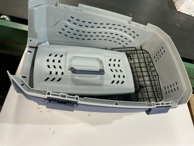 Condition photo showing As Is for Amazon Basics 2-Door Top-Load Hard-Sided Dogs, Cats Pet Travel Carrier, Gray & Blue, 22.8"L x 15.0"W x 13.0"H Gray & Blue 22.8"L x 15.0"W x 13.0"H