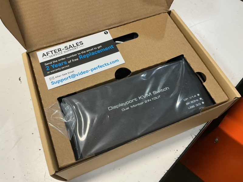 Condition photo showing Good Condition for 4k@120hz kvm switch 2 monitors 2 computers 8k@60hz displayport kvm switch share dual monitor and 4 usb devices support extended/copy mode with usb 3.0 cables and extended controller white