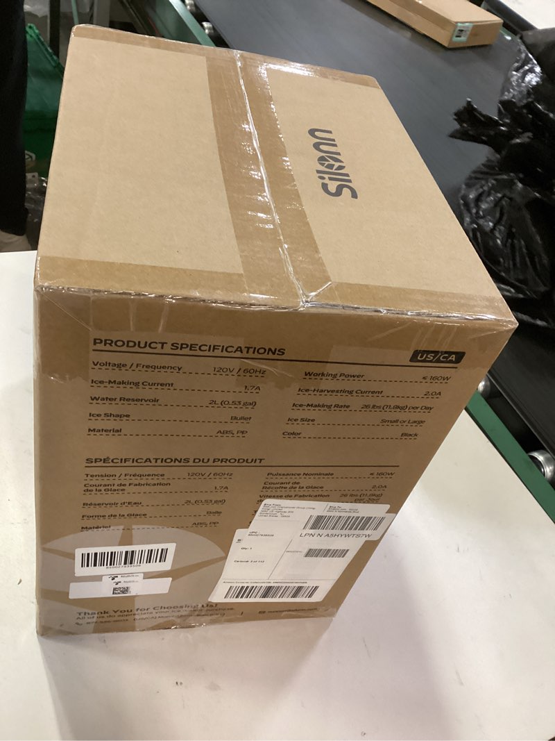 Condition photo showing New/Like New for Silonn Ice Maker Countertop, 9 Cubes Ready in 6 Mins, 26lbs in 24Hrs, Self-Cleaning Ice Machine with Ice Scoop and Basket, 2 Sizes of Bullet Ice for Home Kitchen Office Bar Party