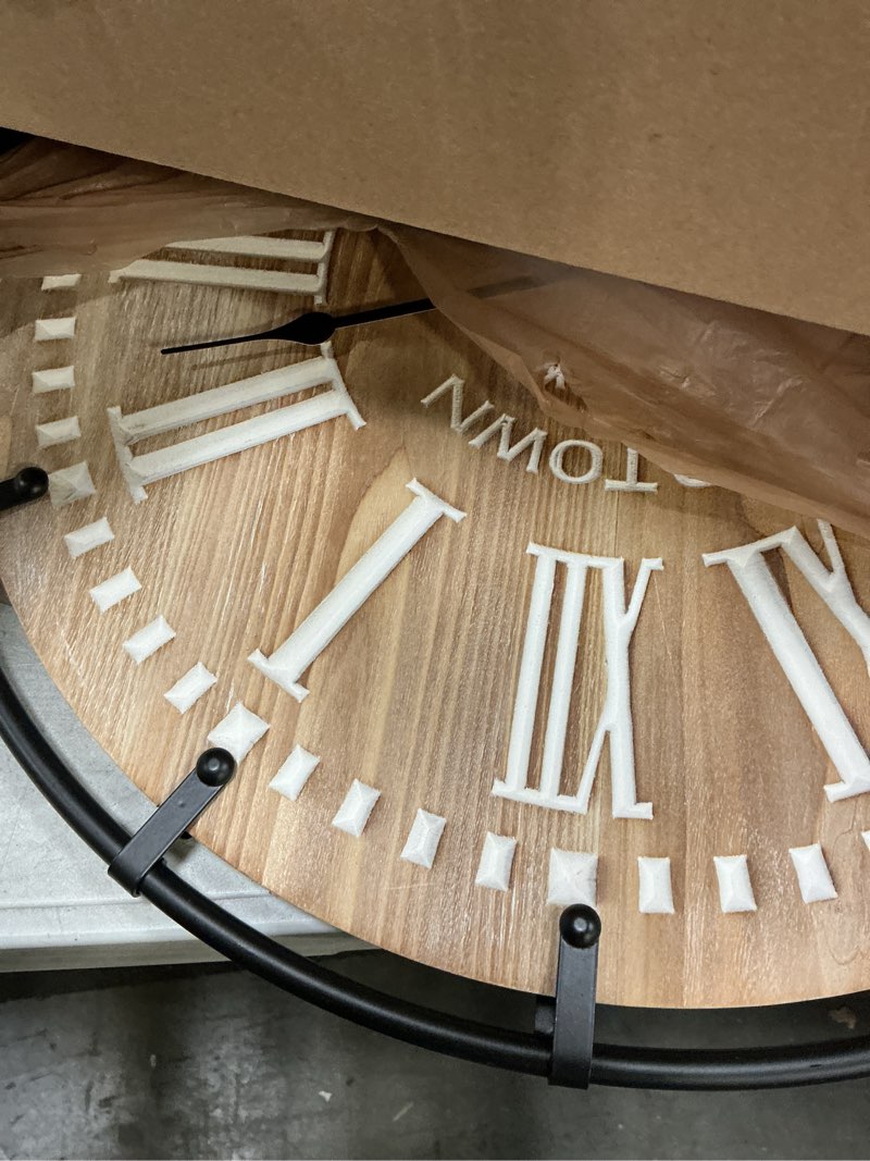 Condition photo showing Good Condition for 20 Inch Grand Farmhouse Wall Clock, Vintage-Inspired Wood & Metal Design with Large Etched Numbers, Silent Battery-Powered Timepiece for Offices, Kitchens, Bedrooms, and Living Rooms Brown 20 Inch