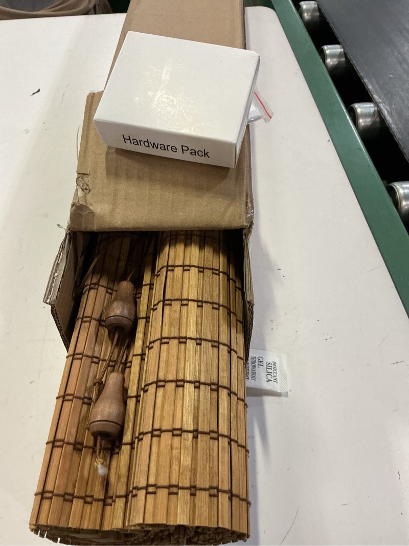 Condition photo showing Good Condition for lazblinds cordless bamboo roman shades, privacy blinds for interior windows, room darkening roll up bamboo blinds for home & patio, 20" w x 64" h, highfield teak pricacy - highfield teak 20" w x 64" h