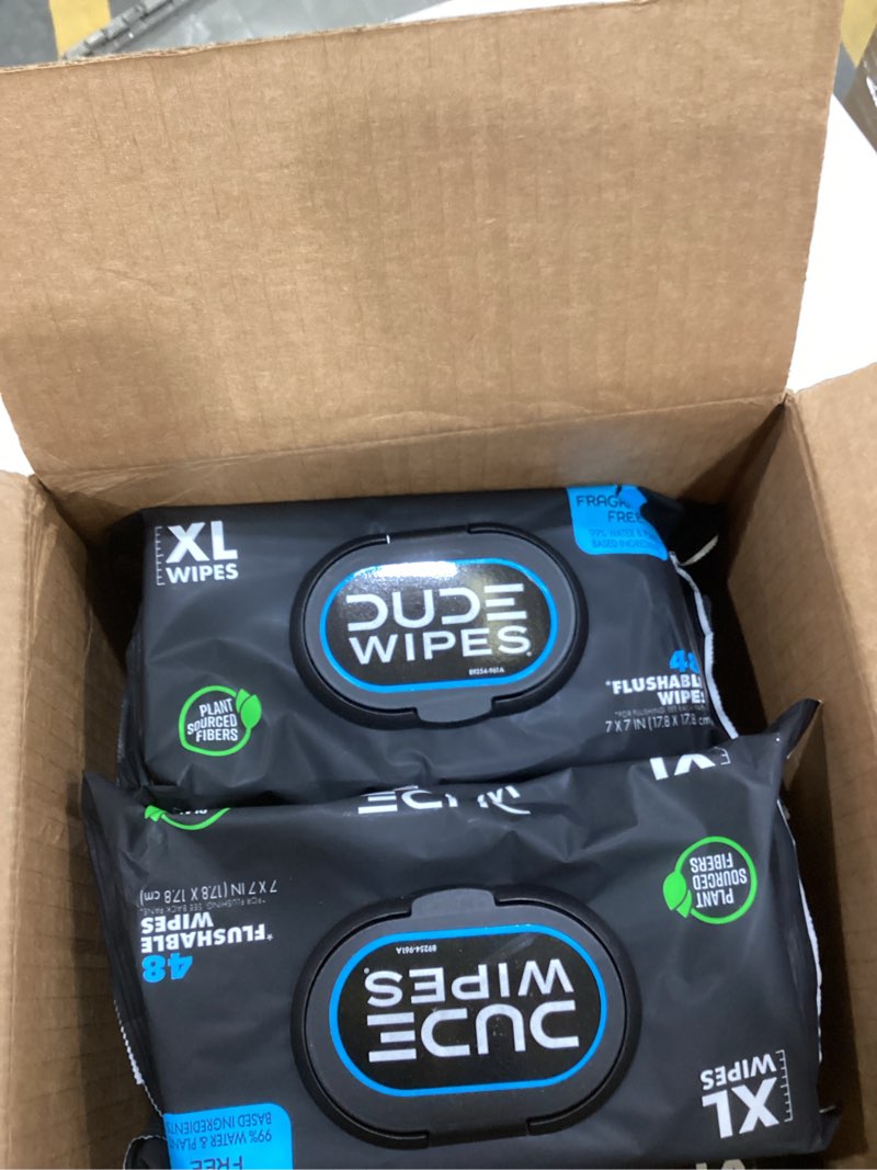 Condition photo showing New/Like New for dude wipes - flushable wipes - 8-pack, 384 count - unscented + mint chill travel pack 1-pack, 18-count - extra-large - vitamin-e & aloe - septic and sewer safe fragrance free 48 count (pack of 8)