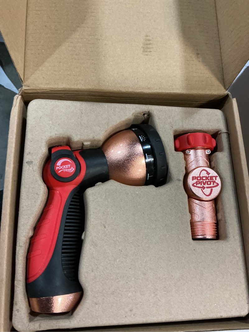 Condition photo showing New/Like New for pocket hose 25 ft copper head expandable garden hose with pocket pivot, no tangles, as seen on tv, 360° swivel, tri-tex tubing, force field jacket, lead-free, no-kink, anti-burst w/apt
