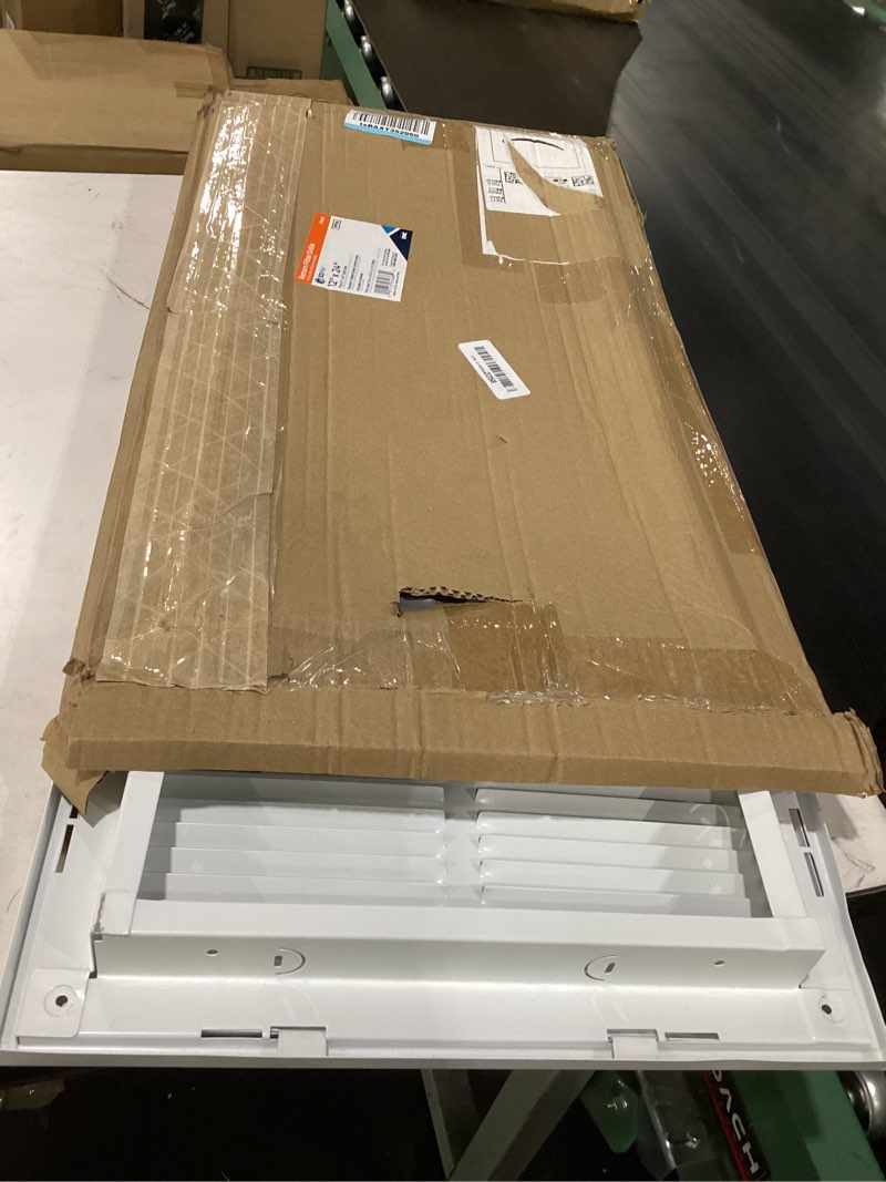 Condition photo showing Good Condition for ez-flo 12 x 24 inch (duct opening) return air vent cover for wall or ceiling, solid steel return air filter grille, hvac vent cover, white, 61668 12 in. x 24 in.