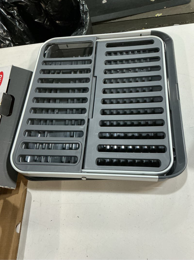 Condition photo showing Good Condition for oxo good grips aluminum fold flat dish drying rack, 2-tier, with drainboard, for kitchen counter, collapsible