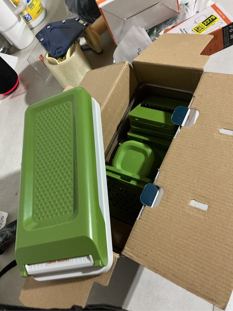 Condition photo showing Good Condition for mueller vegetable chopper, mandoline slicer, food veggie chopper, cheese grater, onion vegetable cutter with container, dicer, kitchen gadgets & essentials, white sand/green