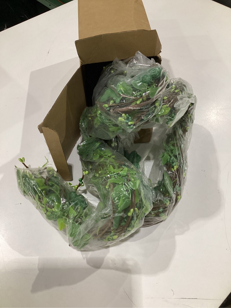 Condition photo showing Good Condition for 6.6 FT Shamrock Wreath St. Patrick's Day Wreath Lucky Green Shamrock and Berry Garland Green Clover Artificial St Patrick's Day garland for Front Door Arch Wall Entryway Mantel Decor