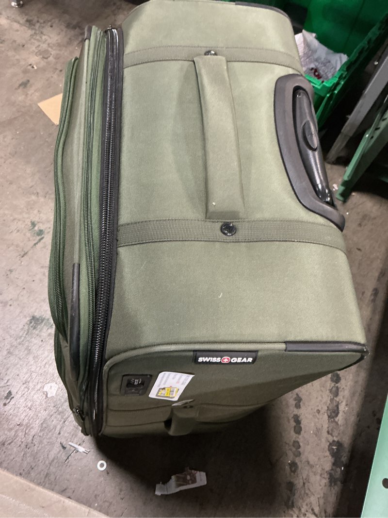 Condition photo showing As Is for swissgear zurich softside large  checked spinner suitcase - green: tear-resistant luggage