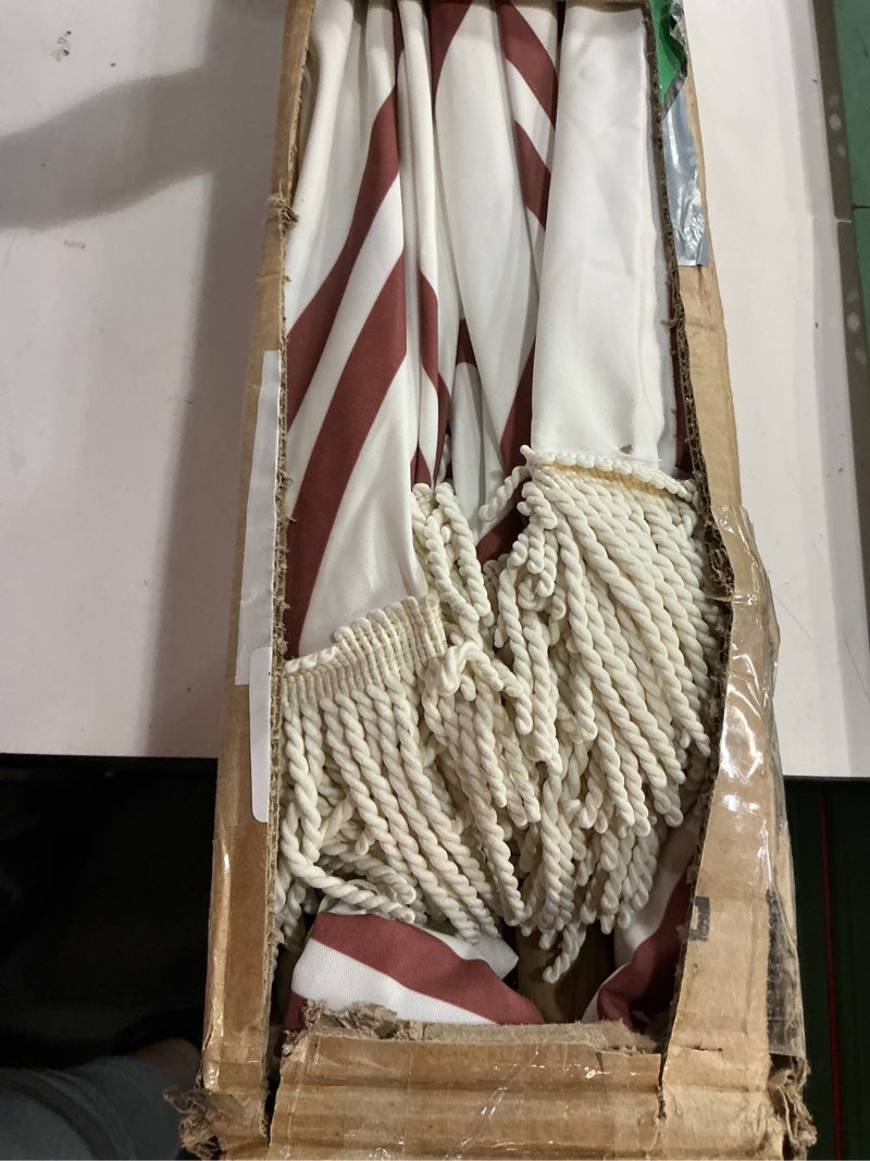 Condition photo showing Good Condition for 6.5FT Striped Beach Umbrella with Fringe, UPF 50+ Sun Protection, Adjustable Height and Tilt Design, Wind-Resistant Fiberglass Ribs, Sturdy Wood Grain Iron Pole, Lightweight & Portable with Carry Bag, Base Not Included Navy