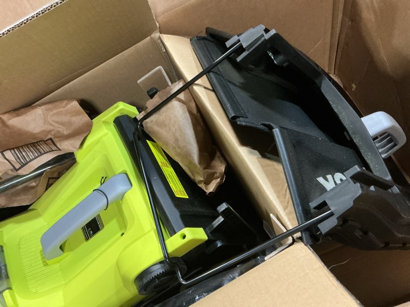 Condition photo showing As Is for 40v electric lawn mower 15" cordless battery powered mower, 2 in 1 mulching lawnmower with 5-position height adjustment 10.6 gallon bag, small push lawn trimmer, 2x4.0ah battery and 2 chargers lime green