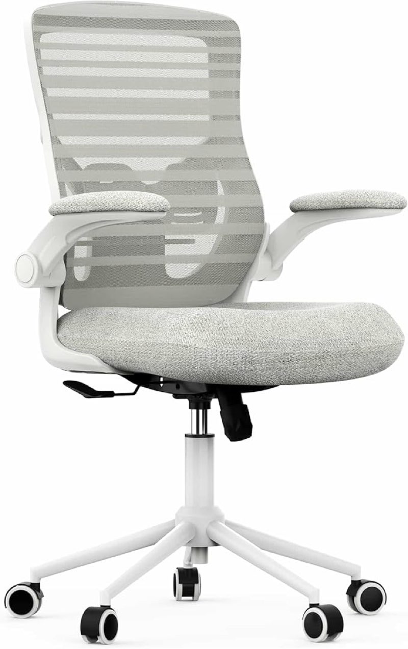 Ergonomic Office Desk Chair for Long Hours – Molded Foam Seat Cushion, Adjustable Padded Lumbar Support, Padded Flip-up Armrests, Ideal for Office or Study, Light Grey