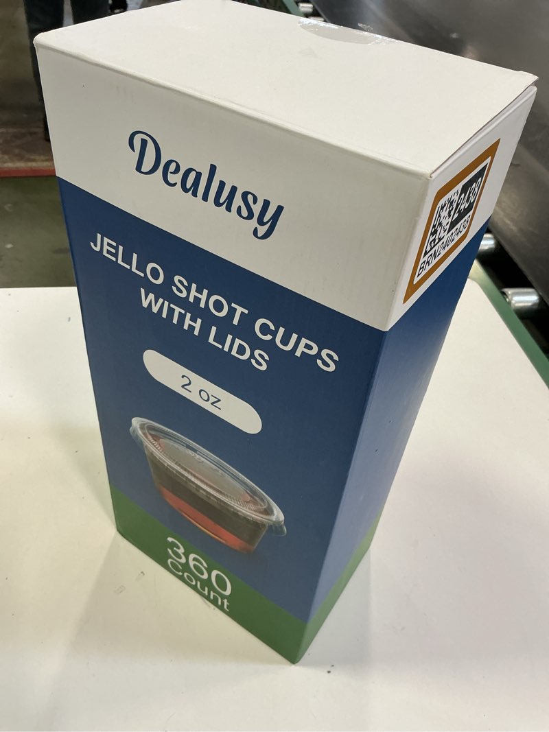 Condition photo showing New/Like New for 360 Set 2 oz Jello Shot Cups with Lids, Sturdy & Food Safe Disposable Plastic Portion Condiment Dipping Sauce Cups, Small Containers for Salad Dressing