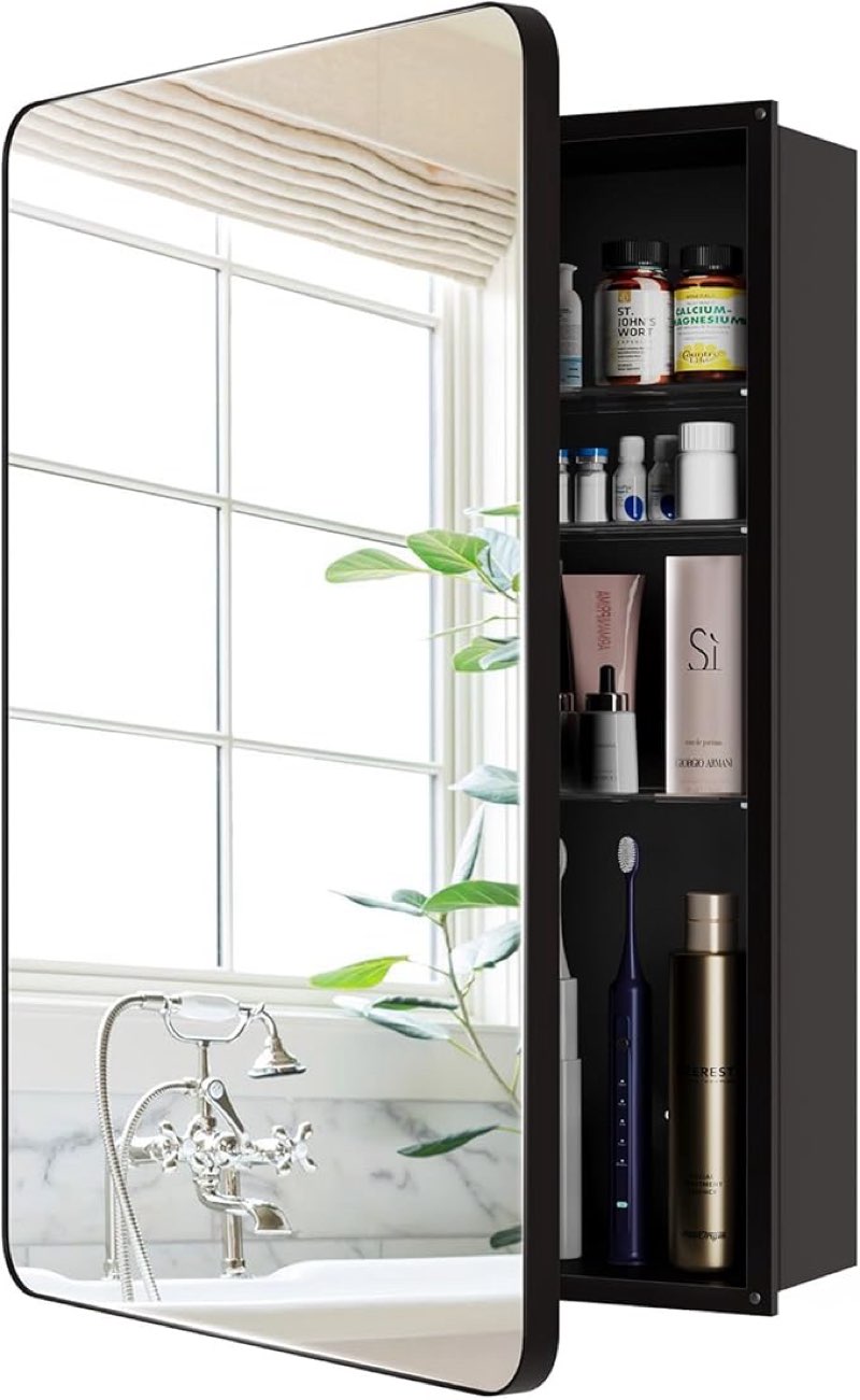 Recessed Medicine Cabinets for Bathroom with Mirror: 16x24 Wall Mount Mirrored Vanity Chest - 16 x 24 inch Small Storage Cabinet with Adjustable Shelves - Matte Black Framed