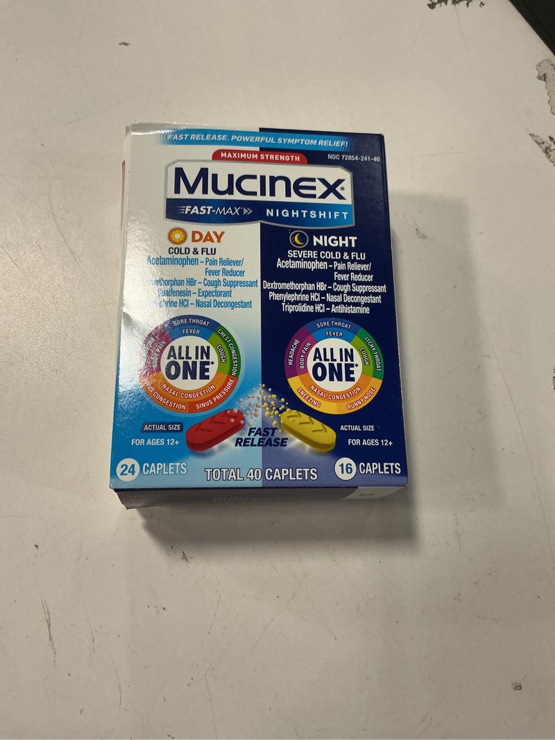 Condition photo showing New/Like New for (Exp 03 / 2026 ) Mucinex Fast-Max Day Cold and Flu & Nightshift Night Severe-Cold and Flu Medicine for Adults,Day/Night Combo for Fever,Sore Throat Relief,Decongestant, Cough & Cold Medicines,40 Caplets,(Pack of 2) Old Formulation 40 Count (Pack of 2)