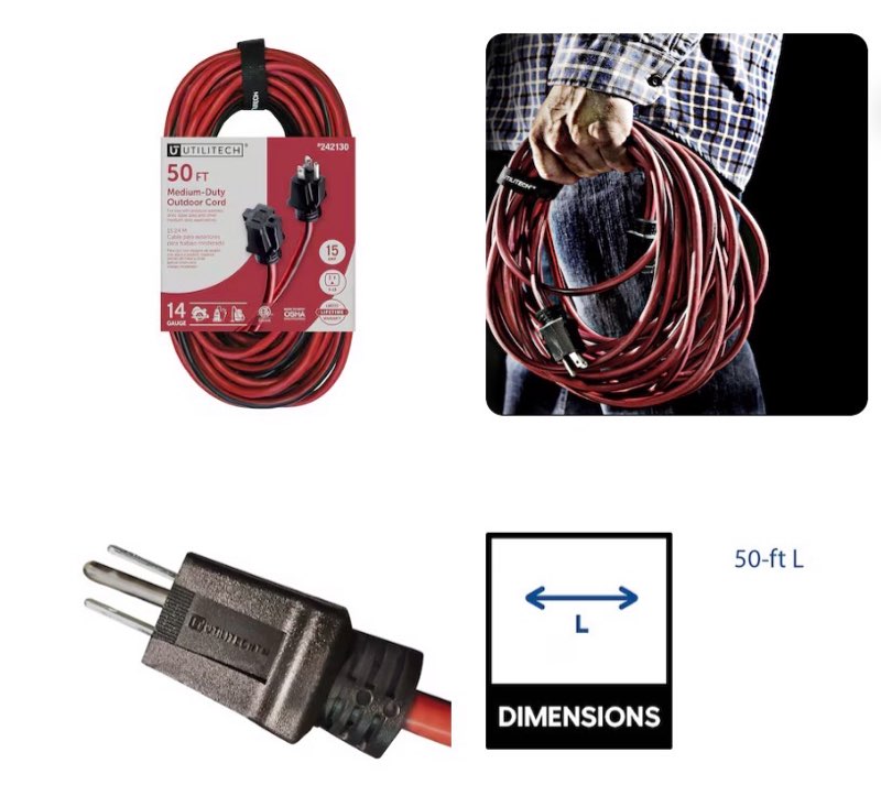 Utilitech 50-ft 14 / 3 Medium Duty 3 Prong Red black Outdoor Extension Power Cord