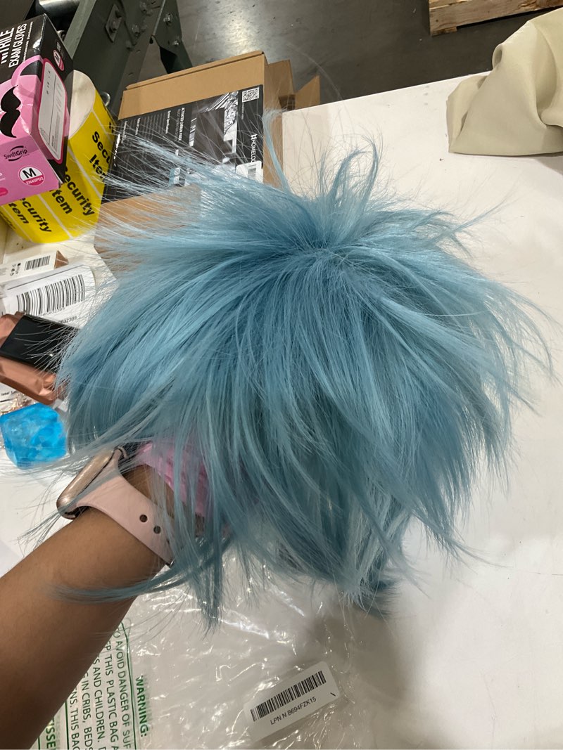 Condition photo showing As Is for BESTBEL+Hair Cap Short Light Blue Messy Wig for Men Short Messy Wig Blue Synthetic Anime Hero Hair for Halloween Cosplay Mens Cosplay Outfit for Costume Party