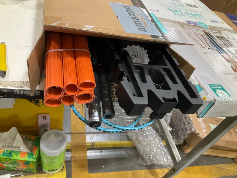 Condition photo showing Good Condition for eastpoint easy setup badminton set - 15 ft net, 4 rackets, 2 shuttlecocks - quick setup net for backyard games - steel shaft badminton rackets for family games - durable shuttlecocks for outdoors white/orange