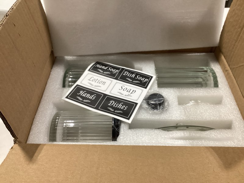 Condition photo showing New/Like New for shinowa bathroom accessories set, 5 pcs clear glass bathroom accessory sets complete with soap dispenser, toothbrush holder, q-tips holder, soap dish, ceramic tray, countertop vanity organizer black & clear