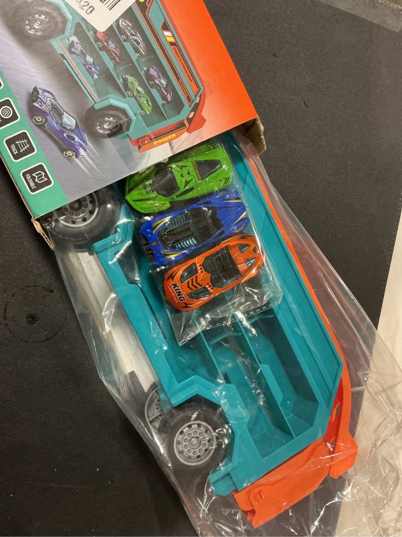 Condition photo showing Good Condition for Toddler Car Truck Toys,Car Carrier Truck Toy for Kids Age 3-5 4-8,Foldable Car Track Sets with 2.8-Ft Race Track and 6 Die-Cast Race Cars, Truck Toys Gifts for 3 4 5 6 7 8+ Year Old Boys Girls(orange)