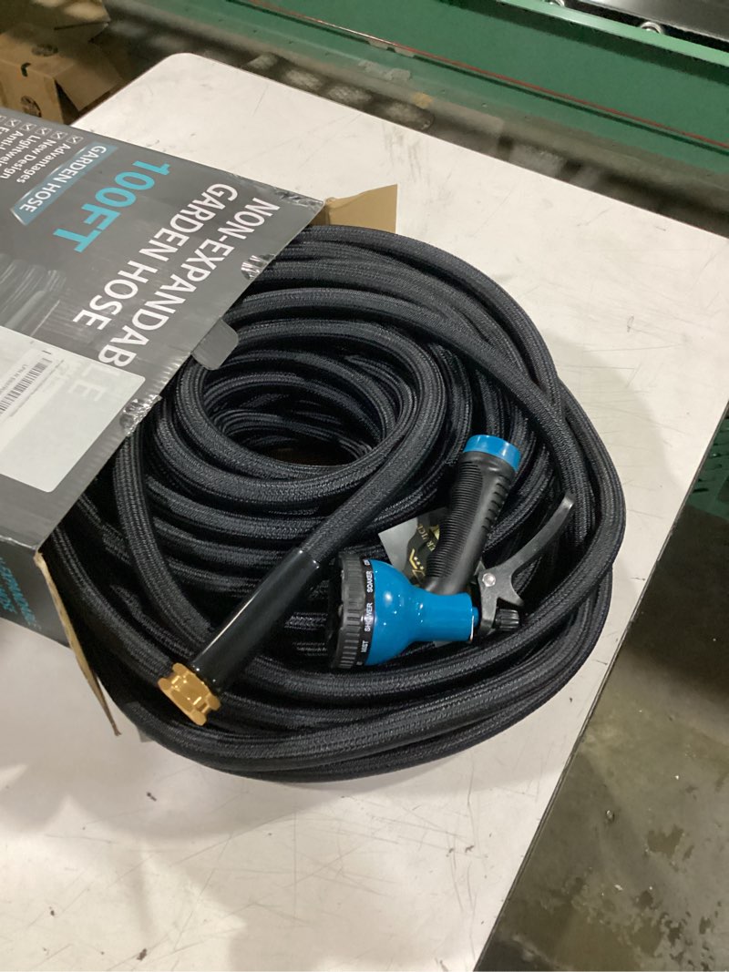 Condition photo showing Good Condition for garden hose 100ft non-expanding, lightweight hose with 10-function nozzle, leak-proof no-knot, easy to carry, wear-resistant, sturdy 3/4ght flexible water hose for outdoor (black with nozzle) black with blue nozzle 100ft