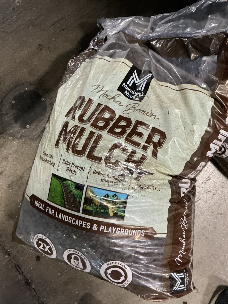 Condition photo showing As Is for member's mark brown rubber mulch, 1.25 cu. ft.