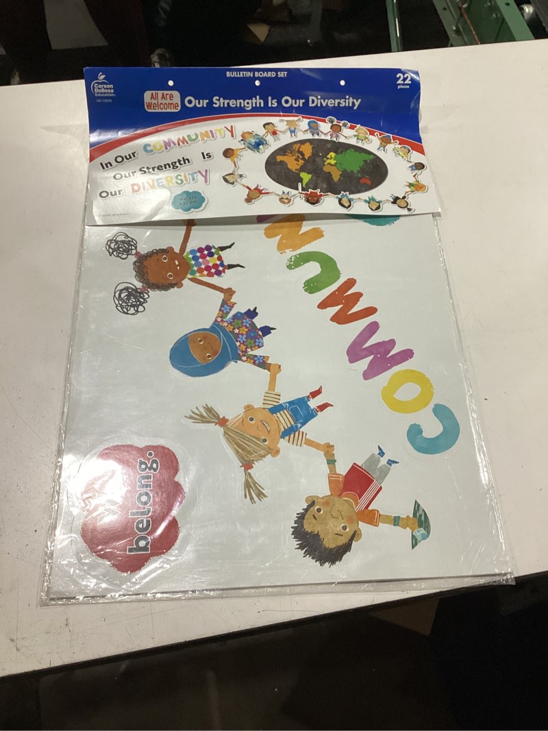 Condition photo showing New/Like New for carson dellosa our strength is our diversity bulletin board set—colorful 5-piece banner with map, hearts, and children cutouts, classroom or homeschool décor (22 pc) our strength is our diversity 26.5"l x 17.8"w